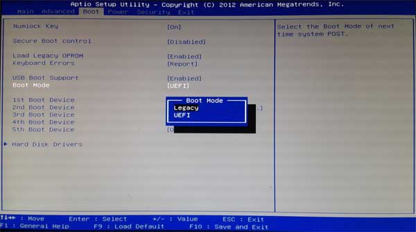 Change boot mode from UEFI to Legacy