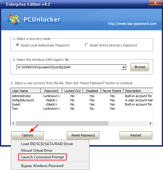 Open Command Prompt from PCUnlocker