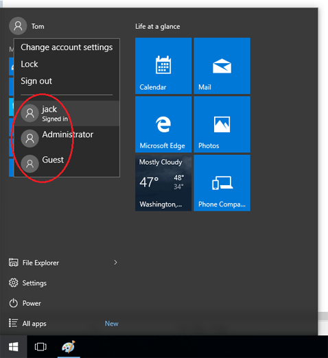 fast user switching windows 10