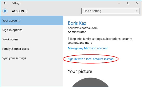 change the microsoft account associated with windows 10