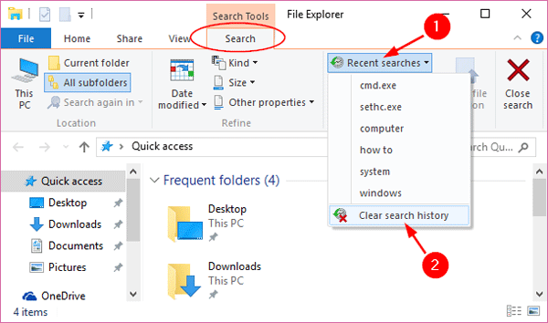 hiow to delete search history by windows