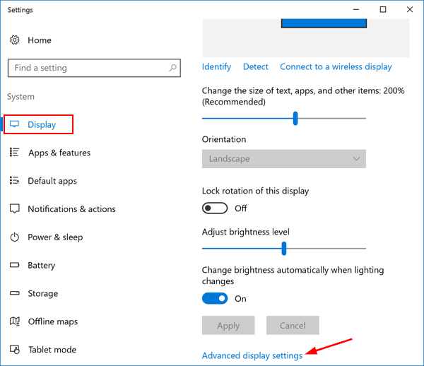 restore default display settings windows 10