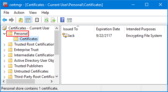 certificado de cifrado del sistema de archivos