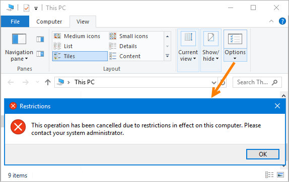 no se puede encontrar el panel de control de opciones de archivo