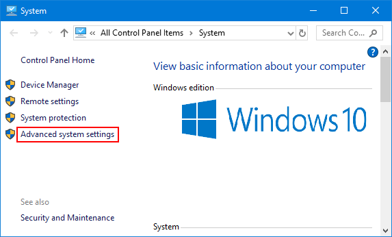 system properties in windows 10