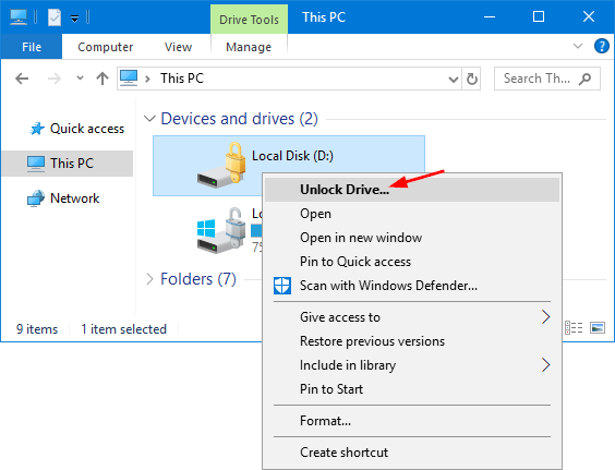 cómo desbloquear bitlockertract en Windows 7 sin llave