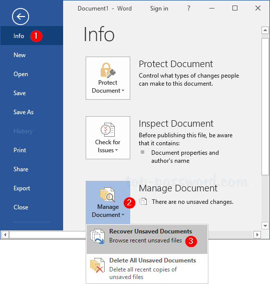 forgot password for word document 2016