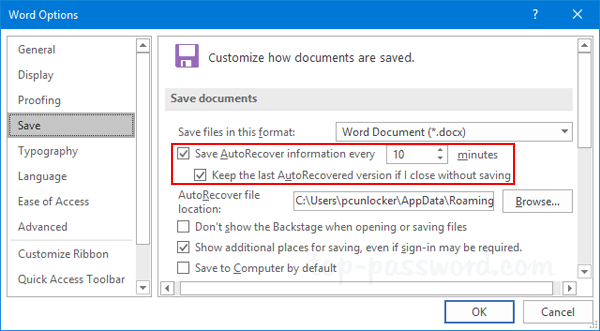 where are word temp files stored 2007