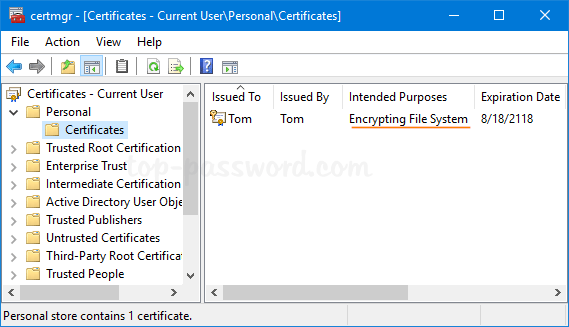 paramètre par défaut des certificats dans Windows