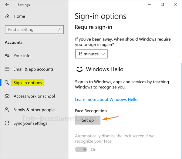 How can I set up the Windows Hello face login?