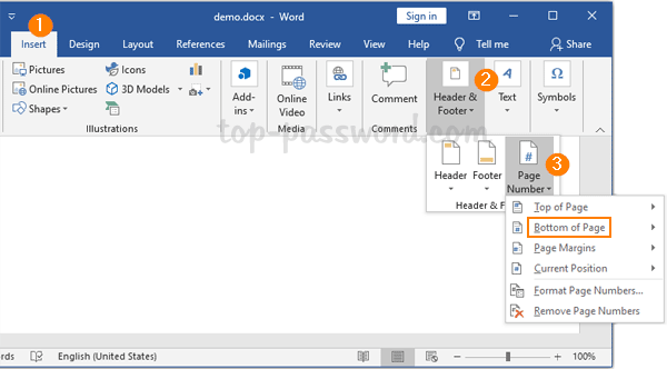 omit page numbering in word 2016