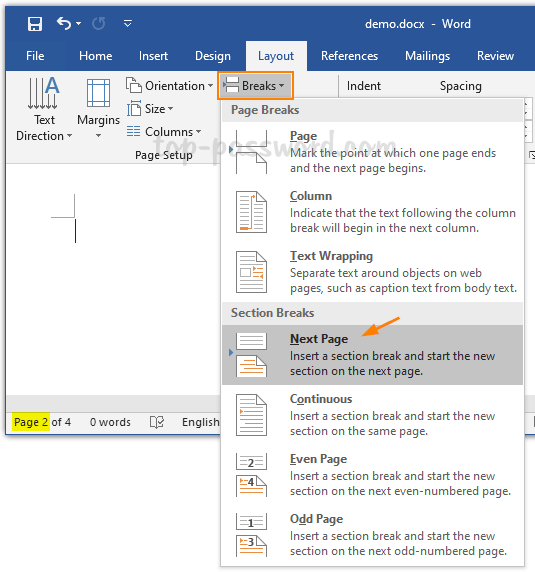 how to insert page break in word 2016