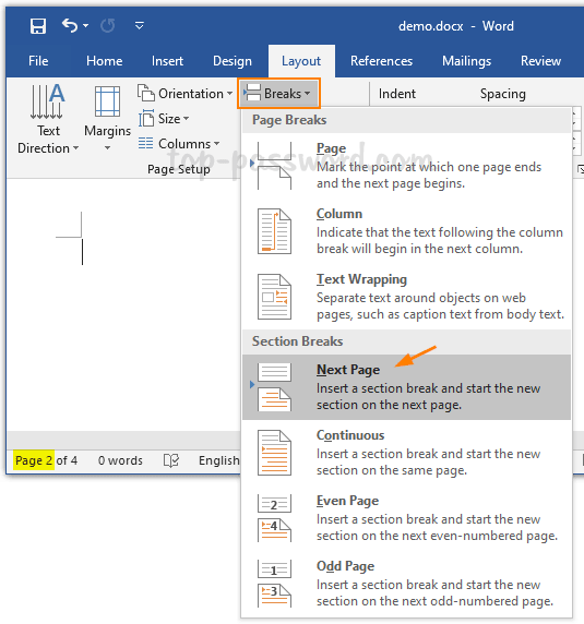 microsoft start page numbering on page 2