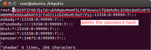Delete the password hash of the root account