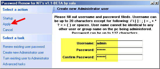 Type the name and password for new administrator account