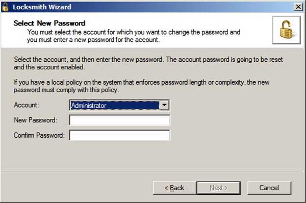 Reset Windows password with Locksmith Wizard