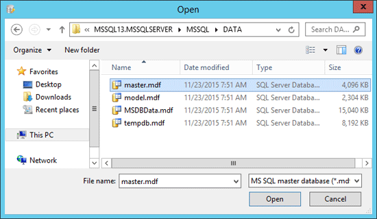Open the SQL Server master database file