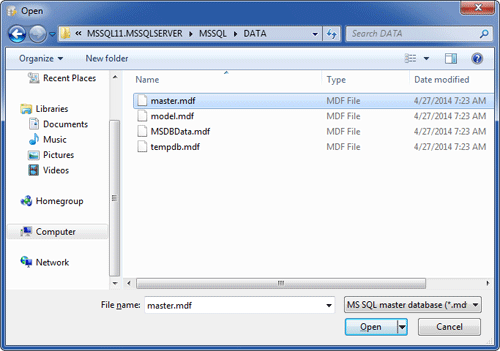 Select the SQL Server master database file