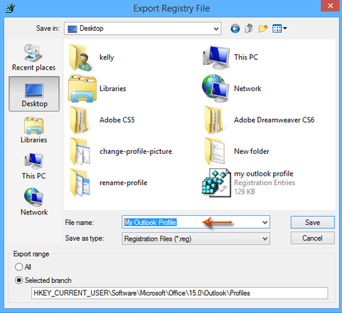 Save Outlook profiles in .reg file