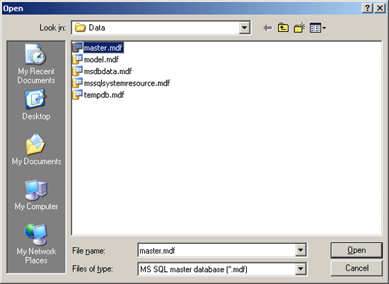 Select the SQL Server master database file