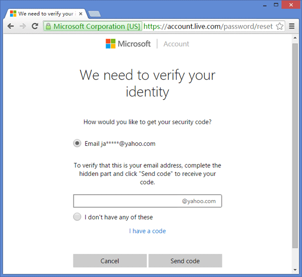 microsoft password reset using code