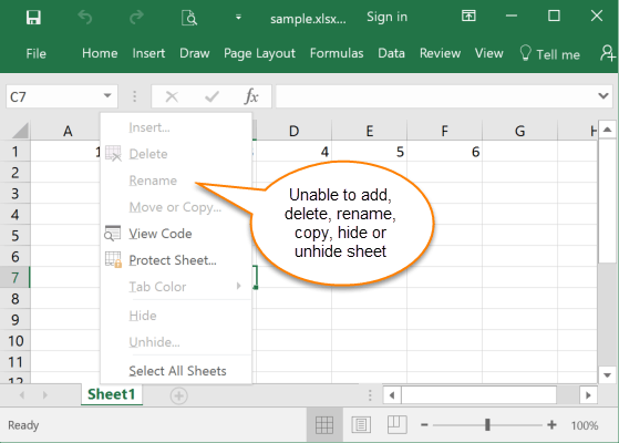 unable to insert, delete, copy, rename, move, hide or unhide sheet